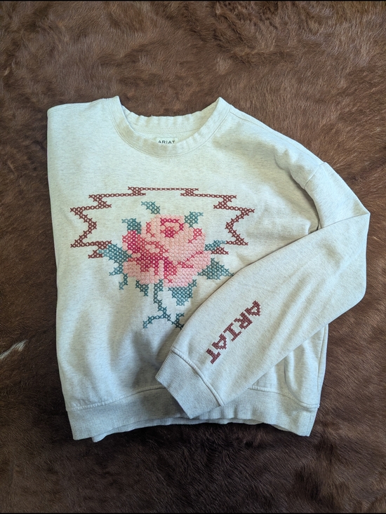 Ariat Sweaters - Ariat Cream Crewneck Sweatshirt with Pink Floral Cross-Stitch